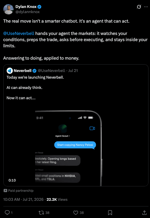 A creator's quote post amplifying the Neverbell launch on X