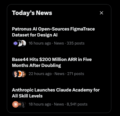 X's Today's News panel showing Patronus AI Open-Sources FigmaTrace Dataset for Design AI at the top of the list